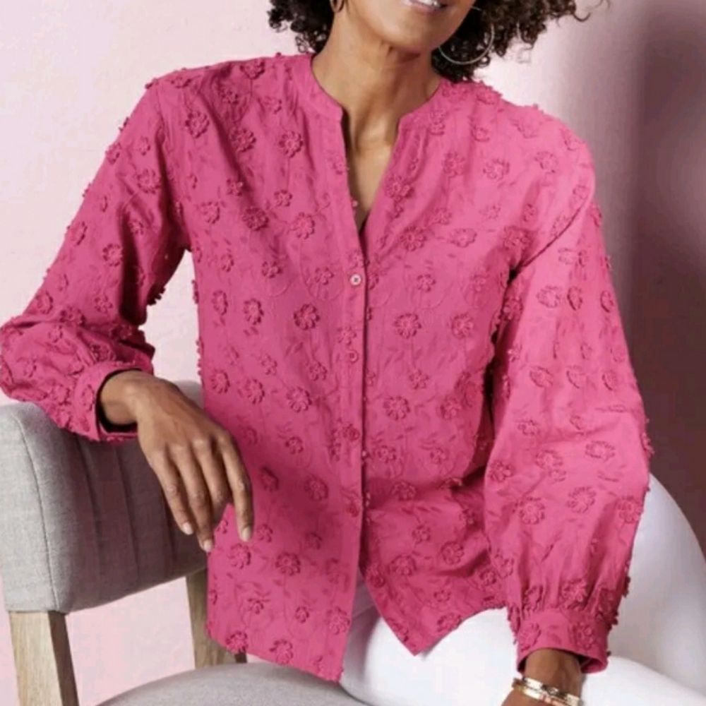 SOFT SURROUNDINGS Pink Sunny Day Floral Embroidered V Neck Button Shirt Med
